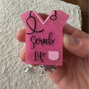 Sparkly pink scrub life badge reel 💖